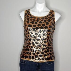 ✨3/$15 Vintage Karen Kane black brown sequin leopard print silk tank blouse S